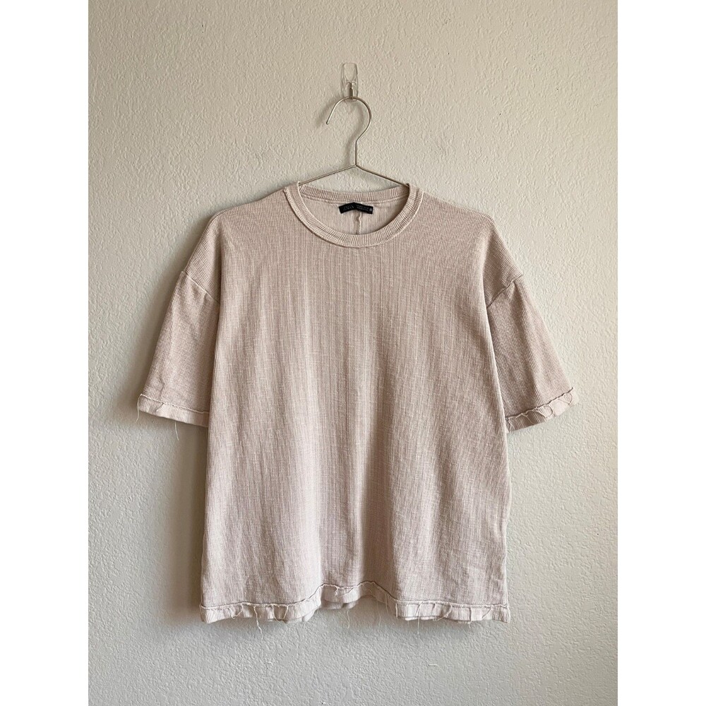 Zara Men's Distressed Knit Crewneck Boxy Tee in Beige Size SMALL